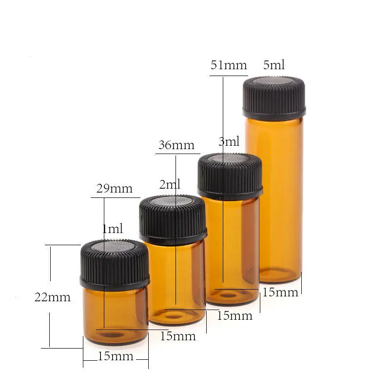 10Pcs glass bottle 1ml 2ml 2.5ml 5ml Amber Glass Vials, Mini Essential Oil Bottles with Orifice Reducer & Black Plastic Cap