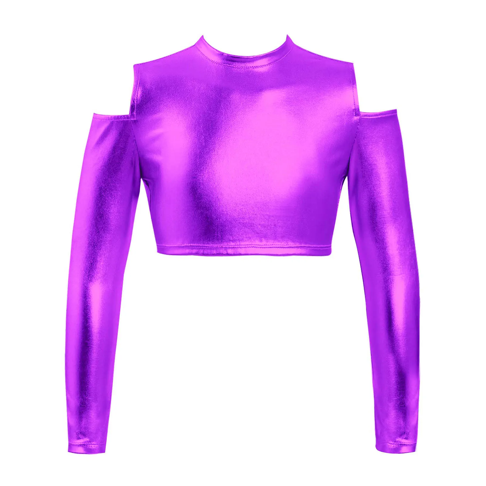 Children Kids Girls Metallic Crop Top Ballet Costume Long Sleeves Off Shoulder Glossy Shiny Short Crop Tops Hip-hop Jazz Dance