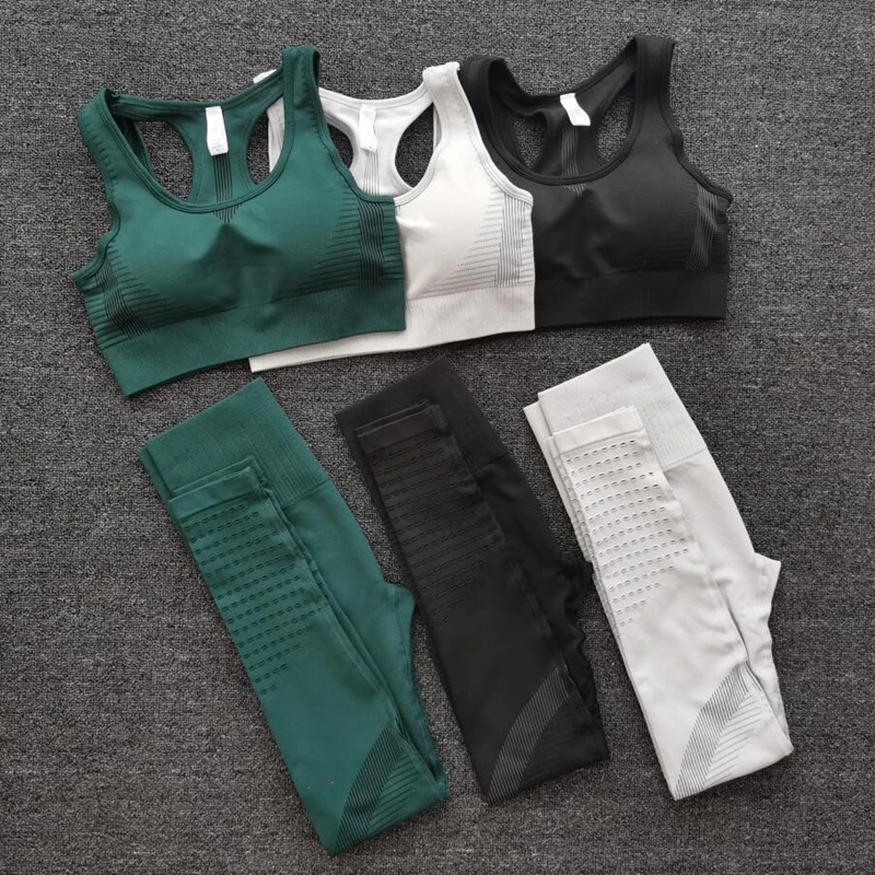 

2PCS Sports Suits Women Seamless Yoga Sets Fitness Gym clothing Pants High Waist Straps Sport Leggings High Elasticity Bra Pants