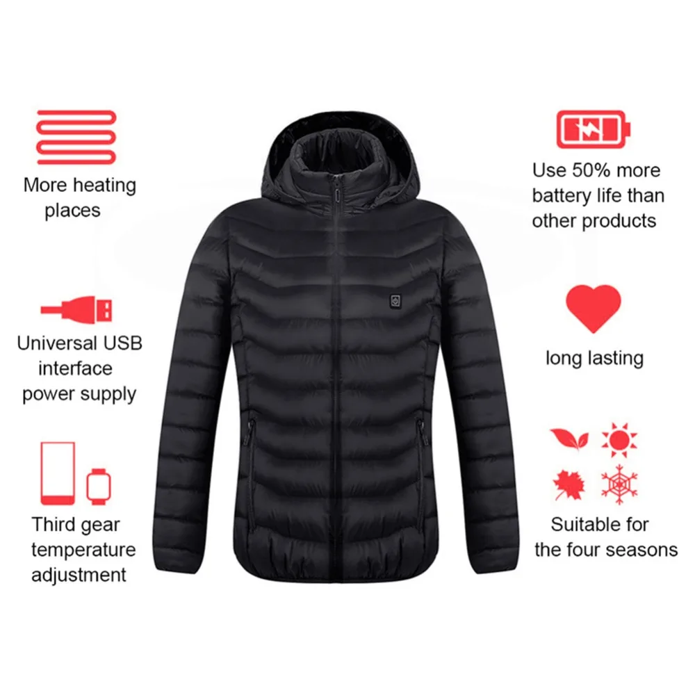 ไฟฟ้า Heated Vest แจ็คเก็ต USB ความร้อน Hooded Coat ความร้อนอุ่นเสื้อแจ็คเก็ตกลางแจ้งฤดูหนาวพร้อมไม่มี Power Bank