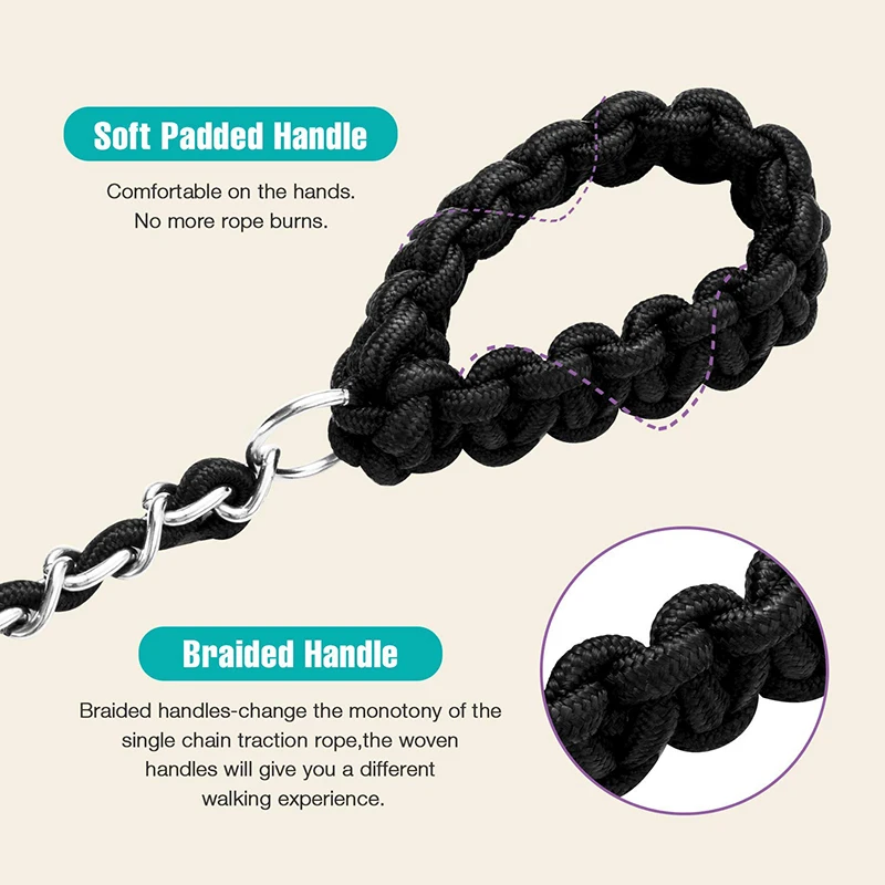 Benepaw  Heavy Duty Metal Chain Dog Leash Soft Anti Bite Nylon Braided Handle Pet Lead Training Rope Leads For Medium Big Dogs