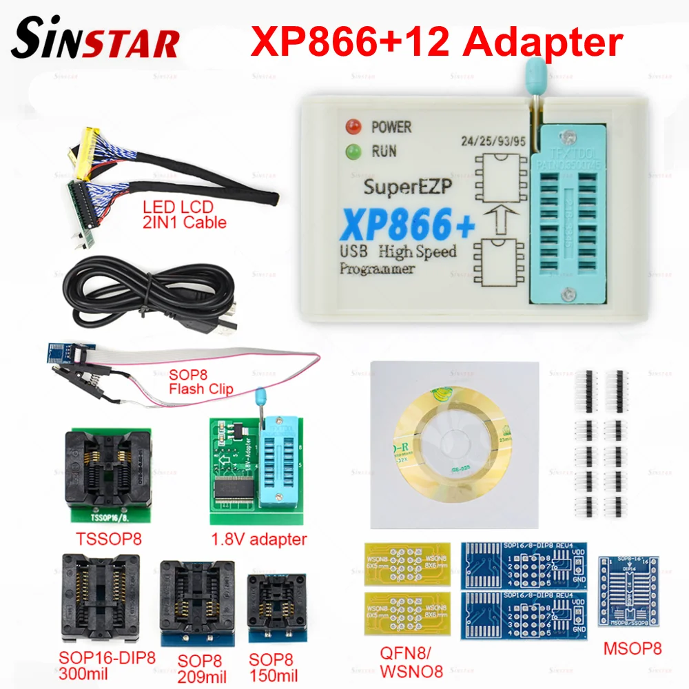 Sinstar XP866 USB SPI Programmer+12 Adapter XP866+ Support 24 25 93 95 EEPROM 25 Flash Bios Minipro Fast Speed Read/Write Speed