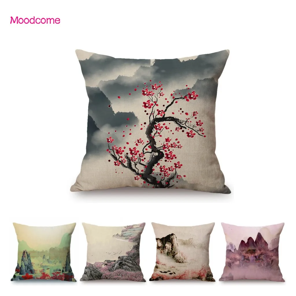 Traditional Chinese Ink Oil Painting Mountain Scenery Cotton Linen Sofa Throw Pillow Case Home Decoration Car Cushion Cover Case