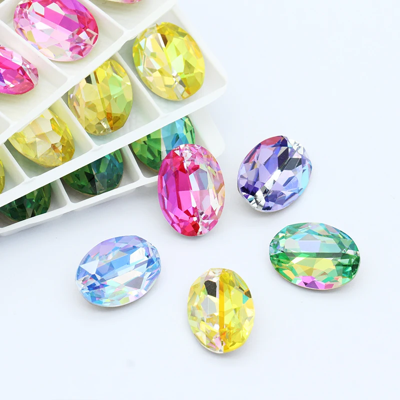 Oval Shape Laser Shine Crystal Rhinestones Colorful Pointback Glass Strass Jewelry Making Accessories Nails Glue Crystal