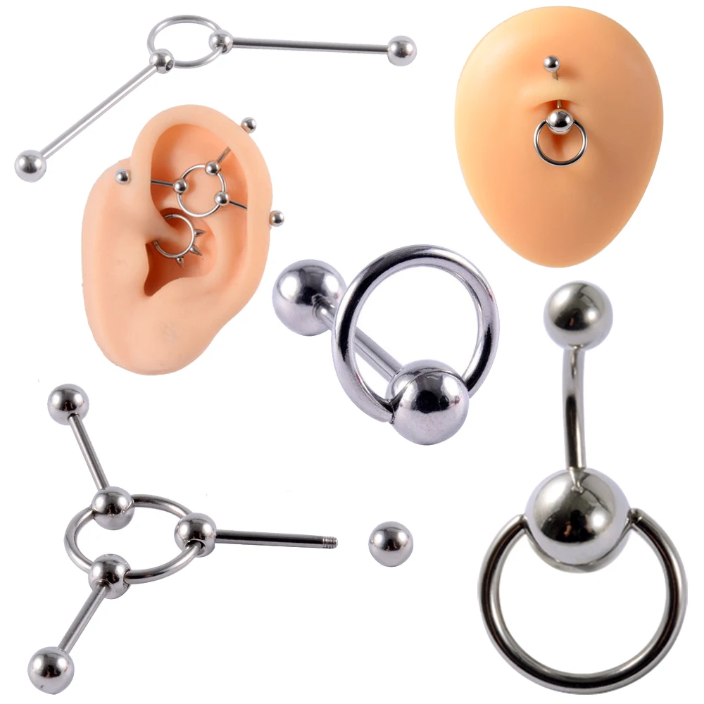 1PC Stainless Steel Decor Round Belly Button Ring Steel Industrial Barbell Cartilage Earring Punk Style Tongue Ring Piercing 14g