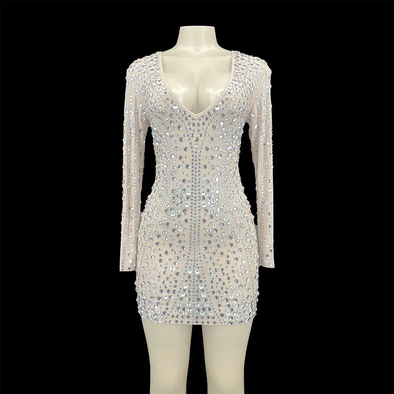 

Bling Silver Sequins Stones Transparent Dress Women's Prom Birthday Celebrate Dress Latin Dance Short Dress