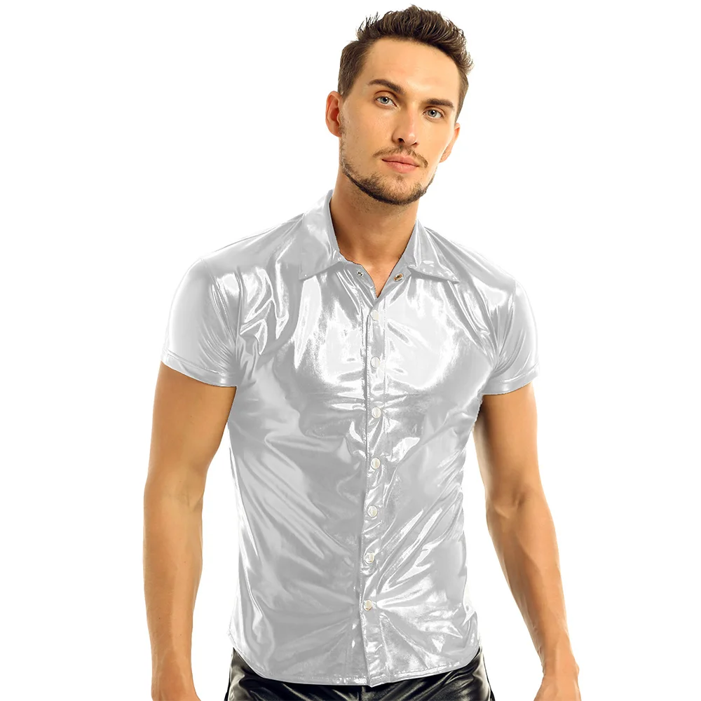 Mens Metallic T shirts Sexy Clubwear Men Patent Leather Short Sleeves Shirt Clubwear Undershirt shiny metallic T-shirt tops Men