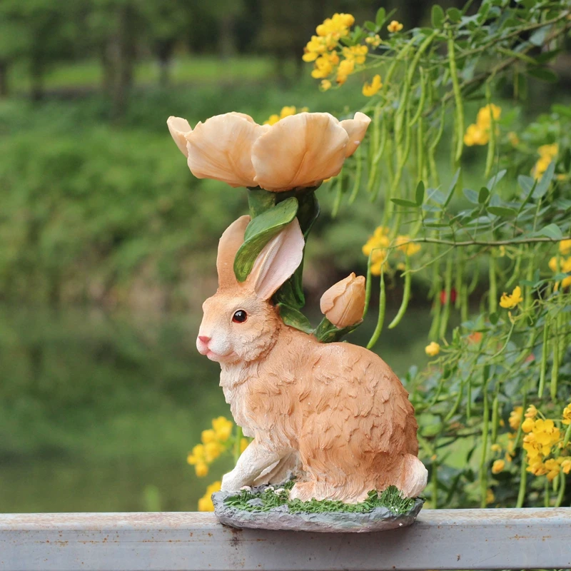 

American Cute Flower Rabbit Resin Sculpture Garden Courtyard Balcony Figurines Crafts Layout Outdoor Terrace Statue Decoration