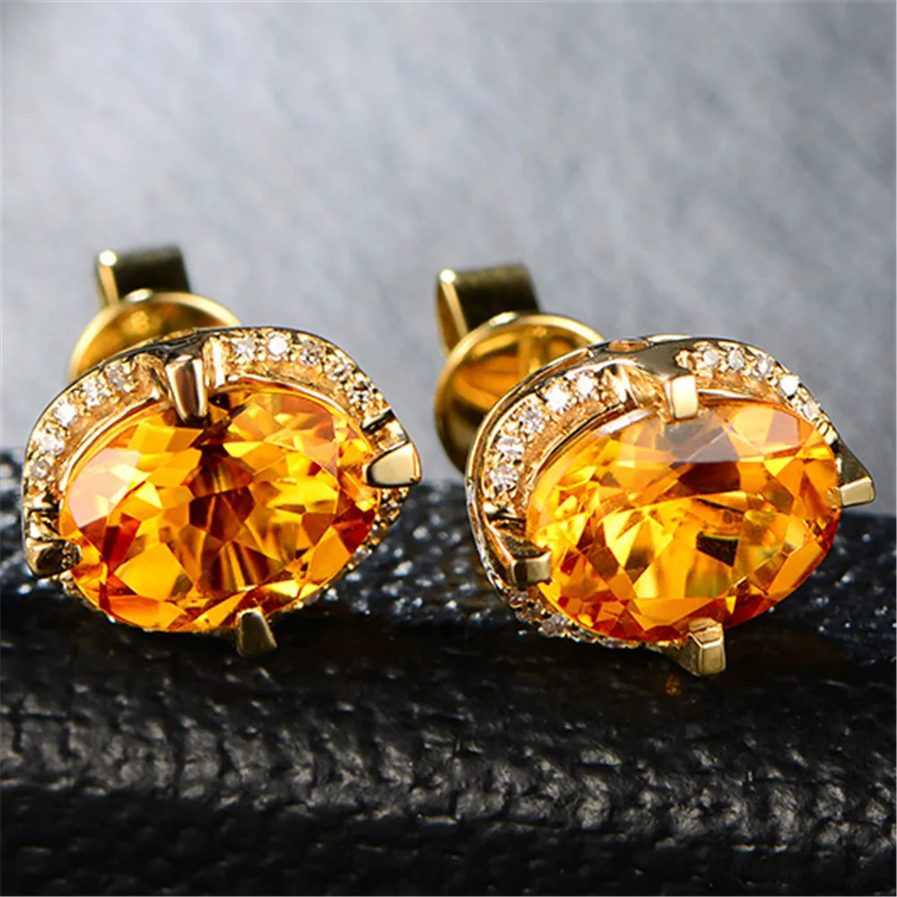 Citrine gemstones crystal stud earrings for women gold color jewelry zircon diamonds party gifts luxury bling bijoux bague