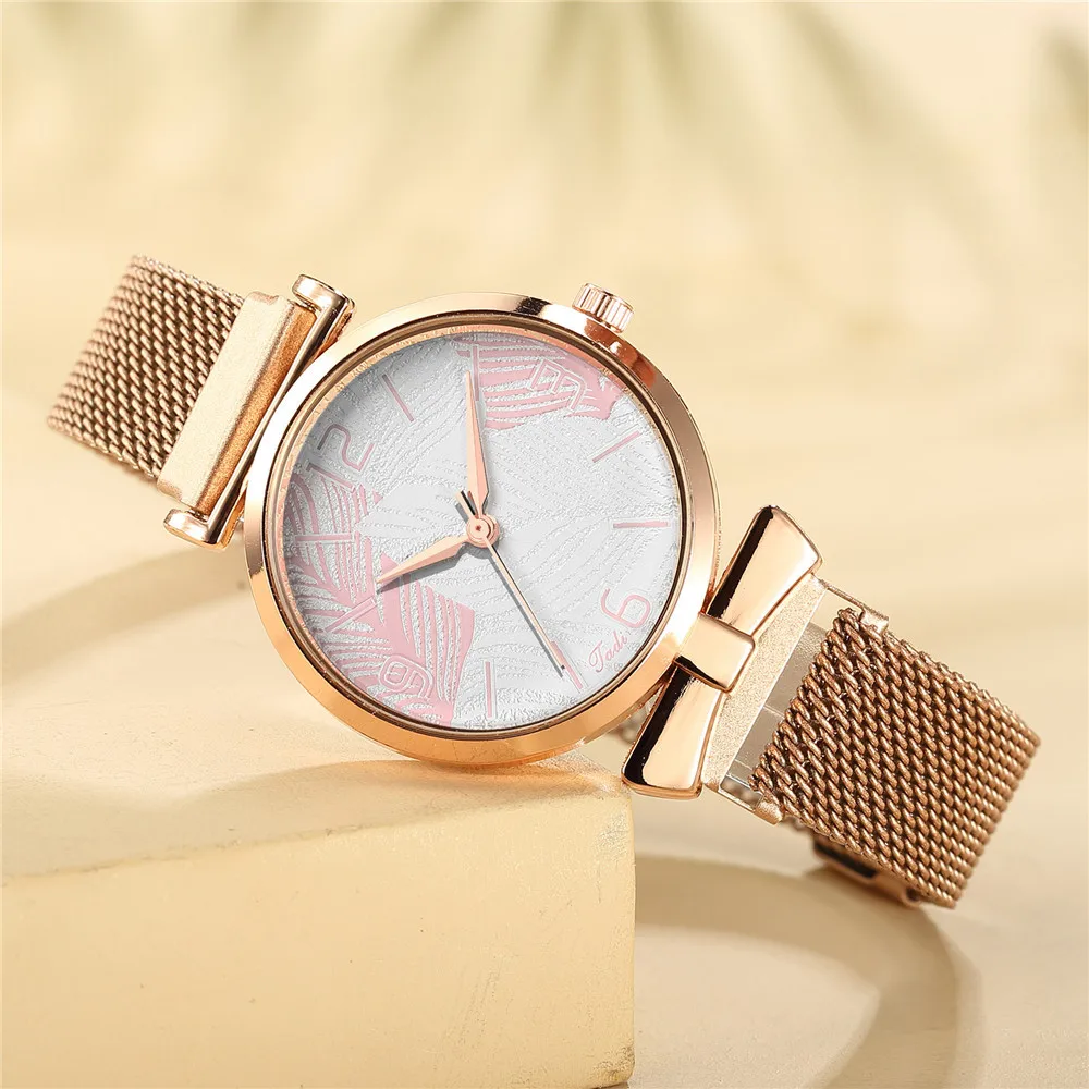 

Women Rose Gold Fashion Watch Simple Magnet Watches Elegant Leaf Bracelet Ladies Watch Steel Mesh Clock Relogio Feminino