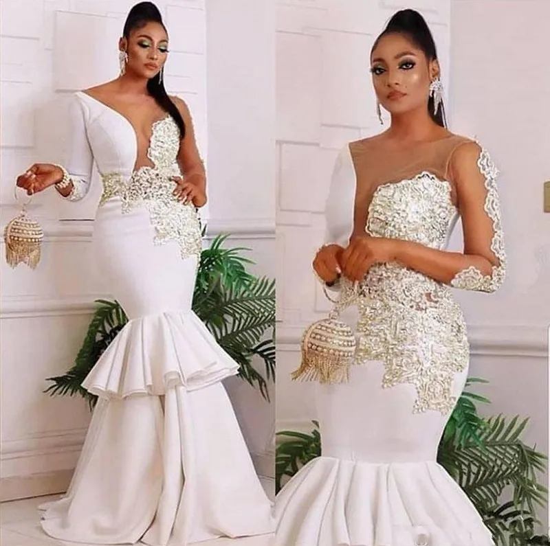 Vestidos de novia de sirena nigeriana Africana 2021, apliques de cuello transparente, mangas largas, talla grande, Sexy, vestidos de novia para fiesta