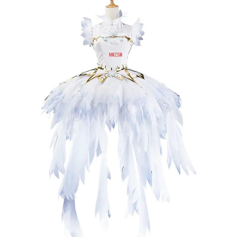 

Cardcaptor Sakura KINOMOTO Ice Angel Dress White Feather Petals sleeves & Neckline Cosplay Costume Shiny Crystal Women Dresses