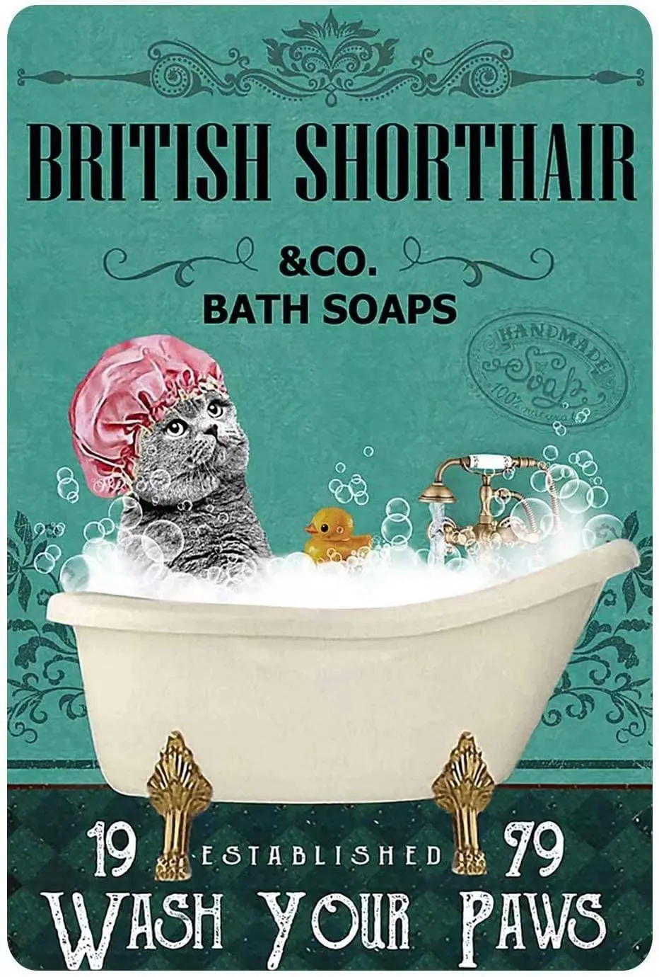 Metal Tin Sign , British Shorthair Bath Soap Wash Your Paws Bedroom Metal Tin Sign , Metal Tin Sign Wall Decoration/Bar