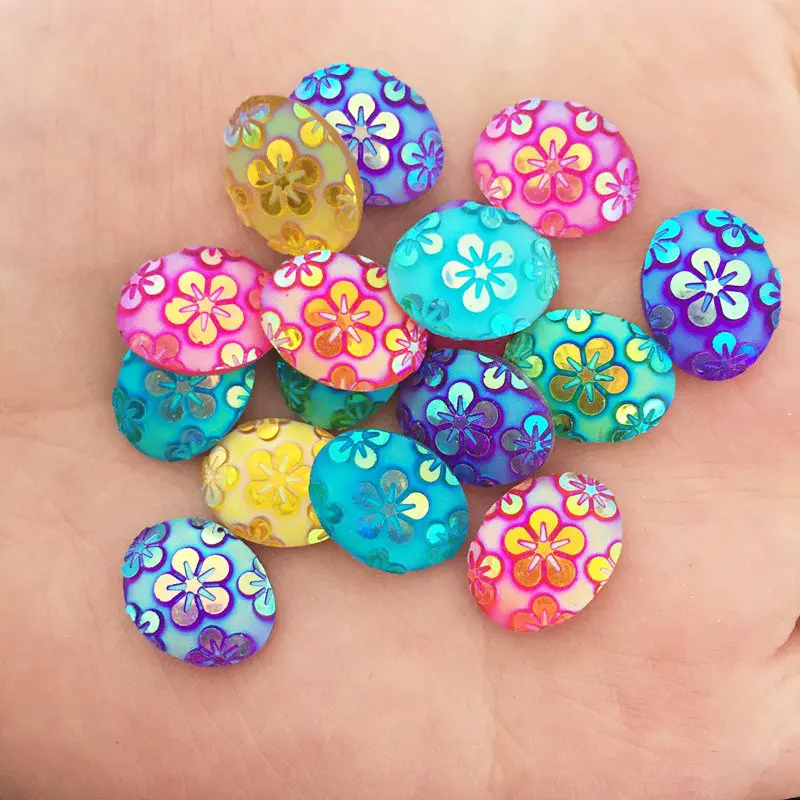 80pcs AB Resin 10*14mm Oval Flower Flat Back Rhinestone Appliques DIY Wedding Scrapbook Craft SD84A*2