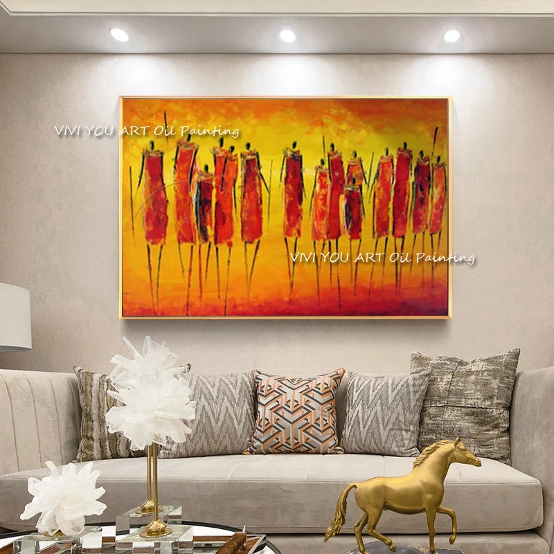 Many People Orange Yellow Red Modern Handpainted Abstrat Oil Painting On Canvas Home Decor Wall Art Picture For Living Room