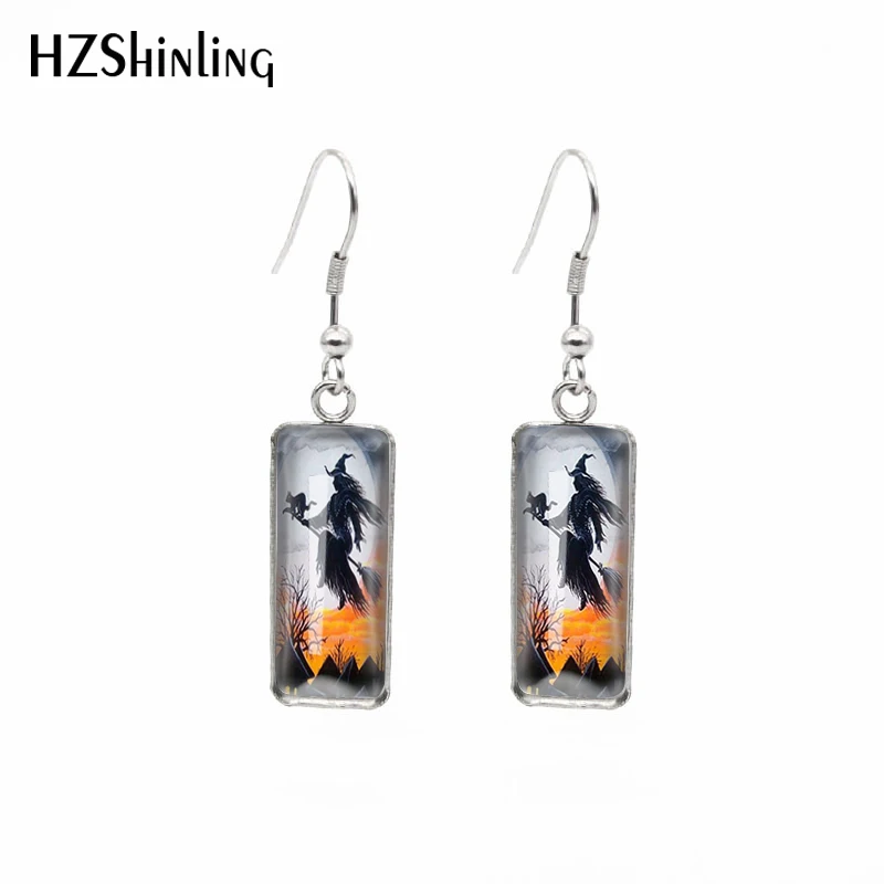 2021 New Witch with Broom Rectangular Earring Halloween Fish Hook Earrings Glass Cabochon Handmade Jewelry