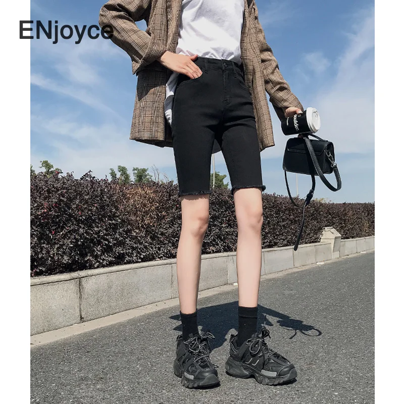 Vintage Black Skinny Biker Shorts Women Korean Styel Trendy Short Jeans Denim Elastic Steetwear Casual Short Leggings Summer