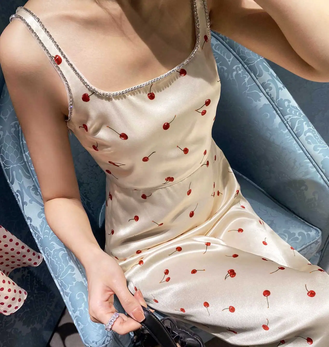 

French style summer retro diamond spaghetti strap dress women heavy industry cherry print slim high waist dress a-line