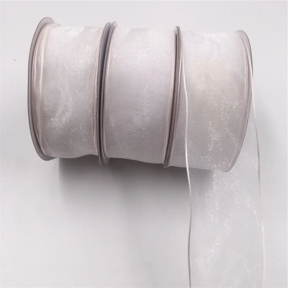 38MM Wired Edge White Transparent Organza Ribbon for Birthday Decoration Chirstmas Gift DIY Wrapping 25yards 1-1/2