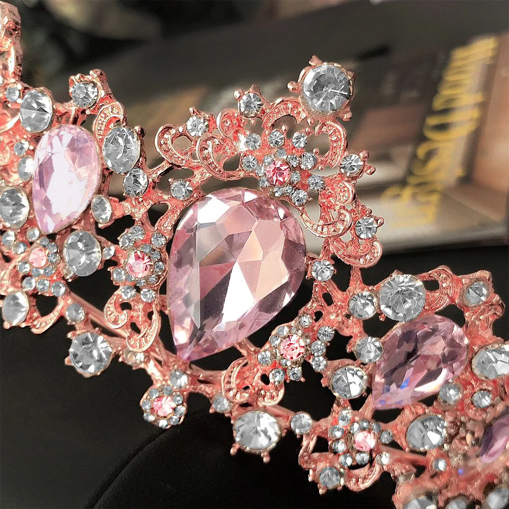 KMVEXO Tiaras Wedding Crown Bridal Hair Accessories Luxury Baroque Crystal Pink Queen Crown Women Adult Gift Party Hair Jewelry