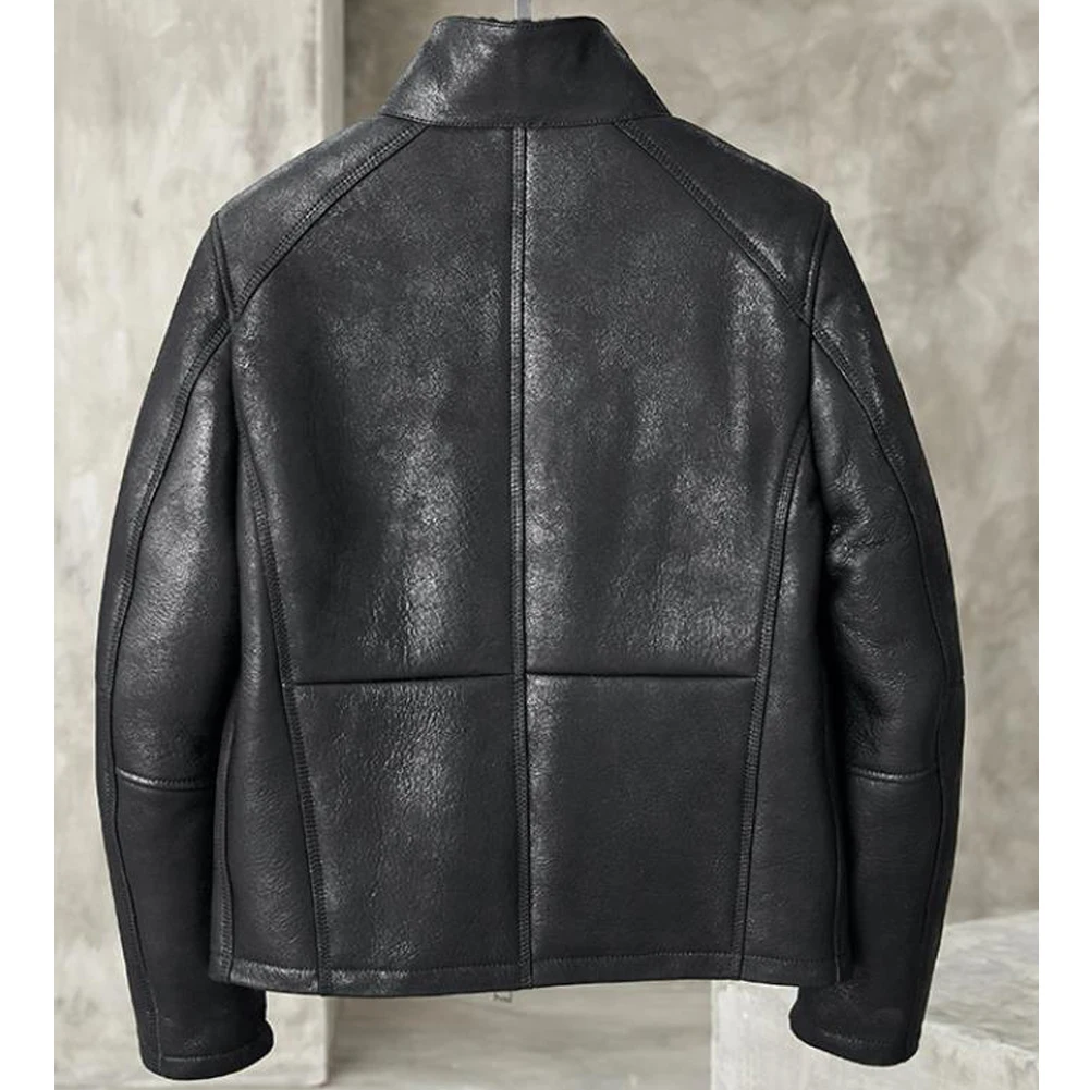 B3 Shearing Jacket Mens Lapel Short Style Leather Jacket Black Color B3 Bomber Coat