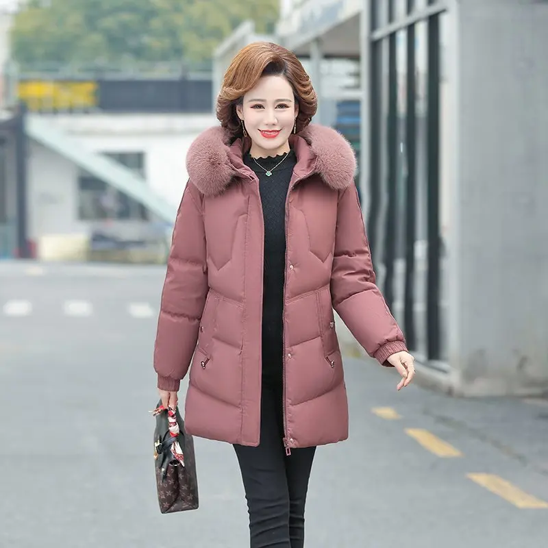 Middle-aged Women\'s Parkas Faux fur collar Jackets Winter Plus Velvet Lamb Hooded Coats Cotton Jacket Womens Mama Overcoat