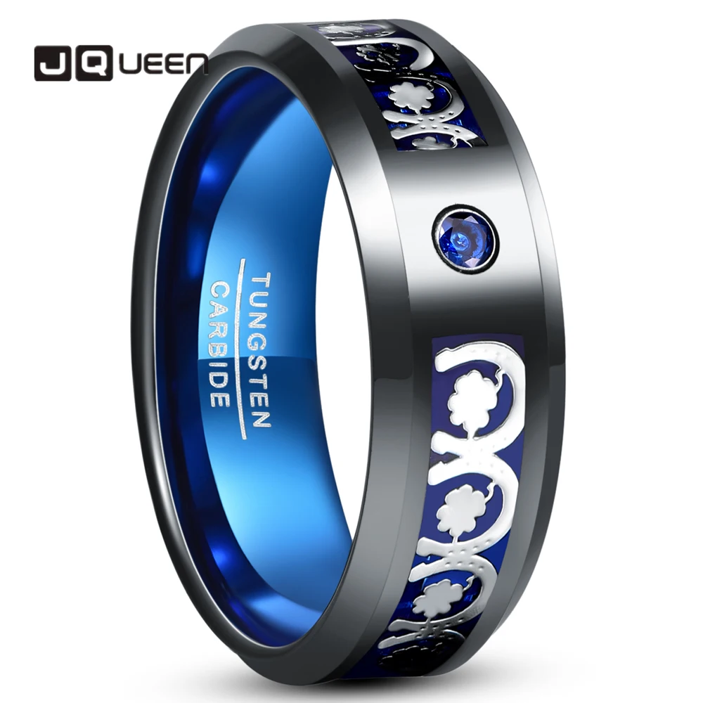 JQUEEN 8mm Inlaid Horseshoe Four-leaf Clover Blue Zircon Men's Black Tungsten Carbide Ring Jewelry