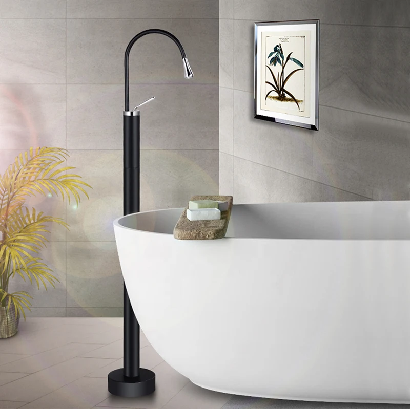 Bathroom Sink Mixers Floor Decked Black Gold Brass Free Standing Hot and Cold Bath Faucet