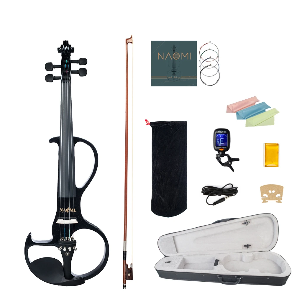 Black Electric 4/4 Violin Set w/ Ebony Fittings Free  Case +Rosin+ Bridge +Brazilwood Bow+Tuner+Audio Cable For Beginner