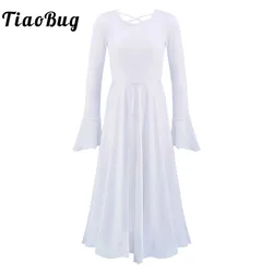 Kids Girls Praise Long Dress White Loose Long Flared Sleeve Liturgical Dance Dress Lyrical Church Christian Worship Dancewear