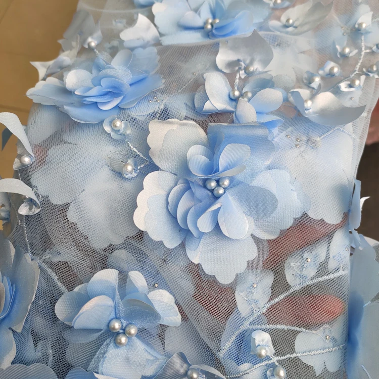 Blue/Pink color Chiffon Beaded Lace Fabric,Stereo 3D Flower Wedding Dress DIY sewing accessories,patchwork cloth