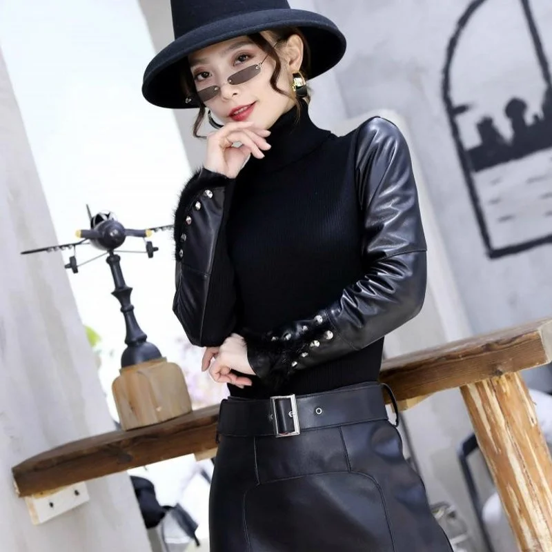 

Women Elegant Short Slim Sheepskin Long Sleeve Spliced Genuine Leather Stretch Knitted Turtleneck Rivet Pullover Skinny Sweaters