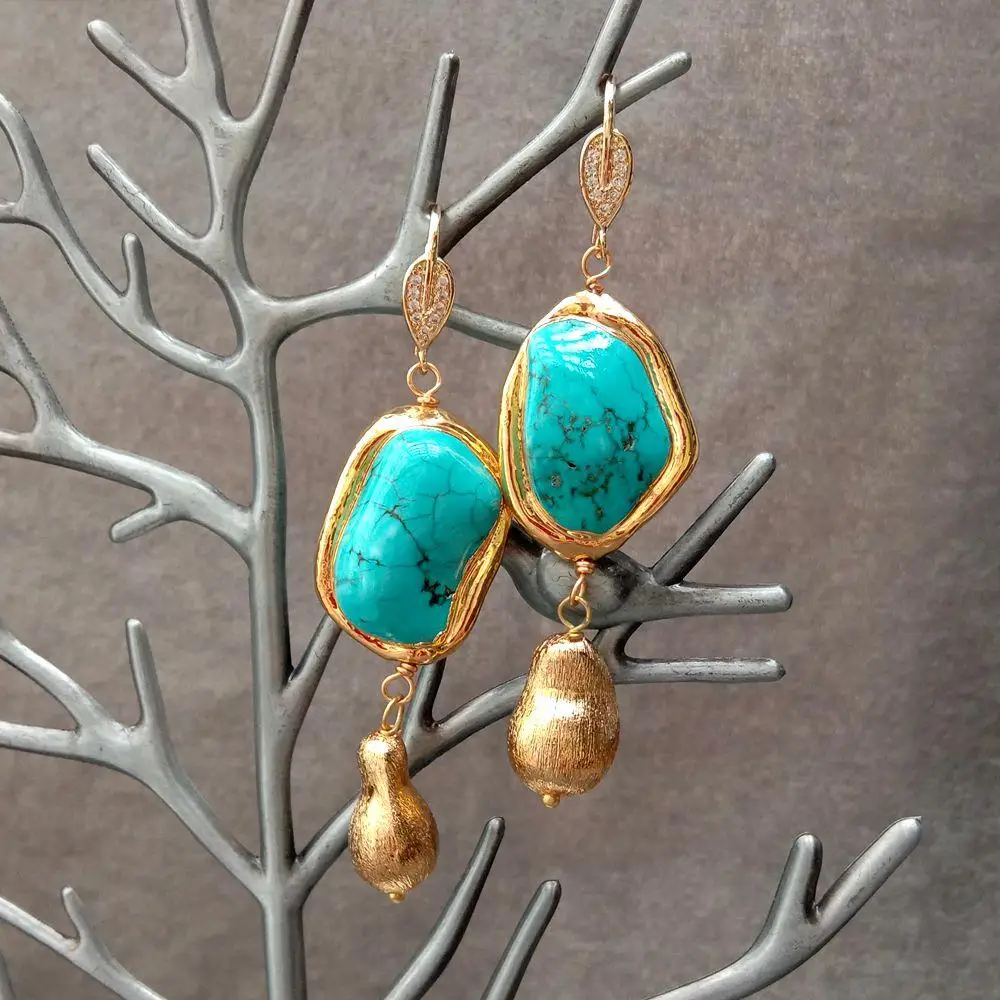 Y·YING Blue Turquoise Freeform Shape Gold Plated Brushed Bead Dangle Hook Earrings