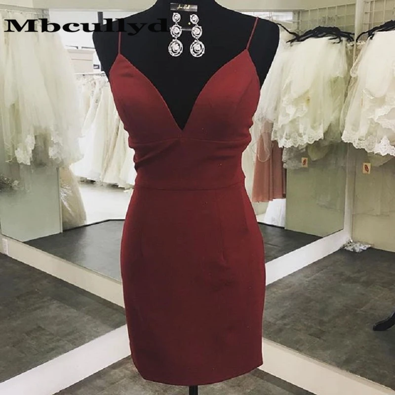 Cheap 2023 Red Cocktail Party Dress Spaghetti Straps Sheath V Neck Homecoming Dresses Formal Dresses vestido de coctel