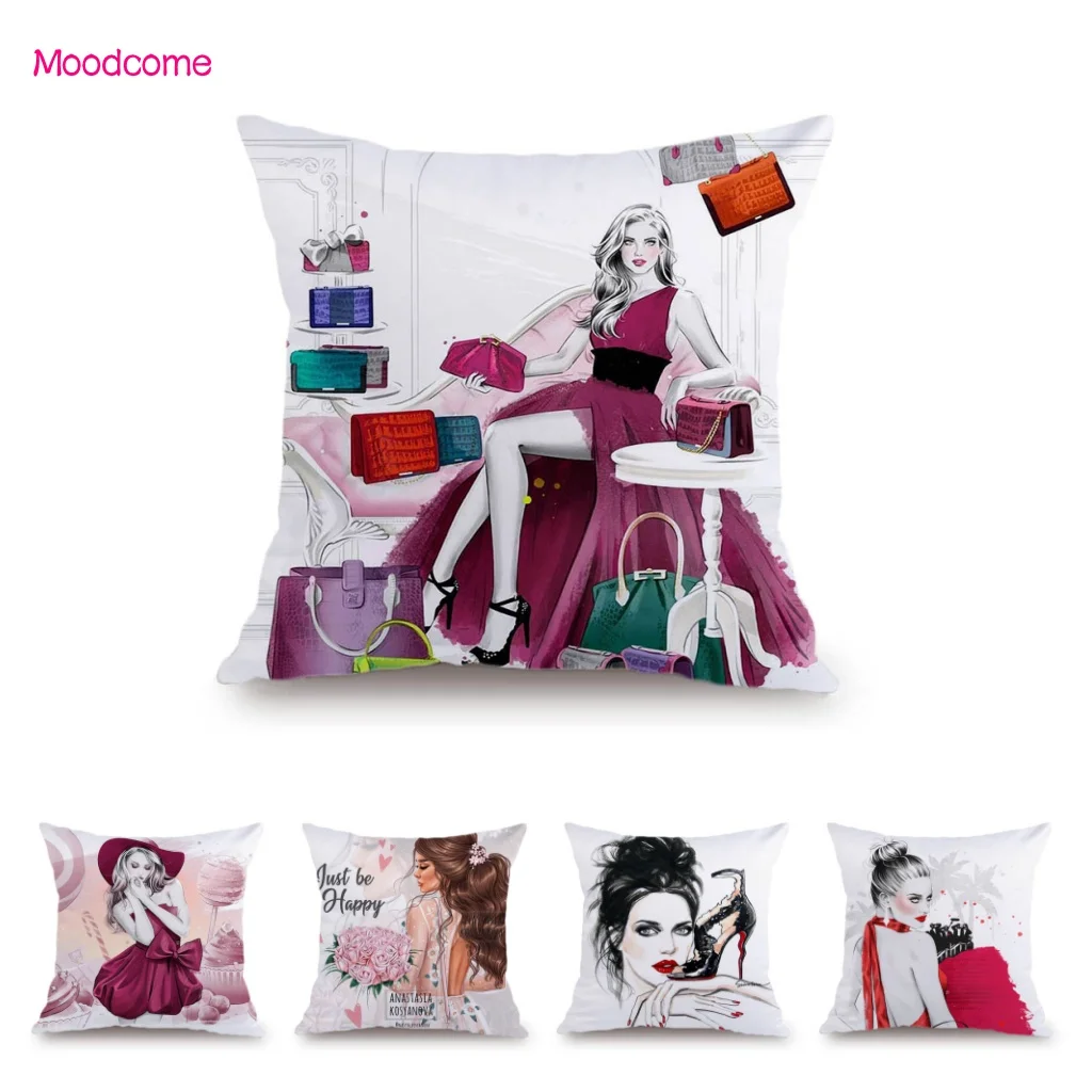 Modern Metropolis Elegant Lady Luxury Bag High Heel Shoes Lipsticks Make Up Art Home Decorative Pillow Case Pink Cushion Cover