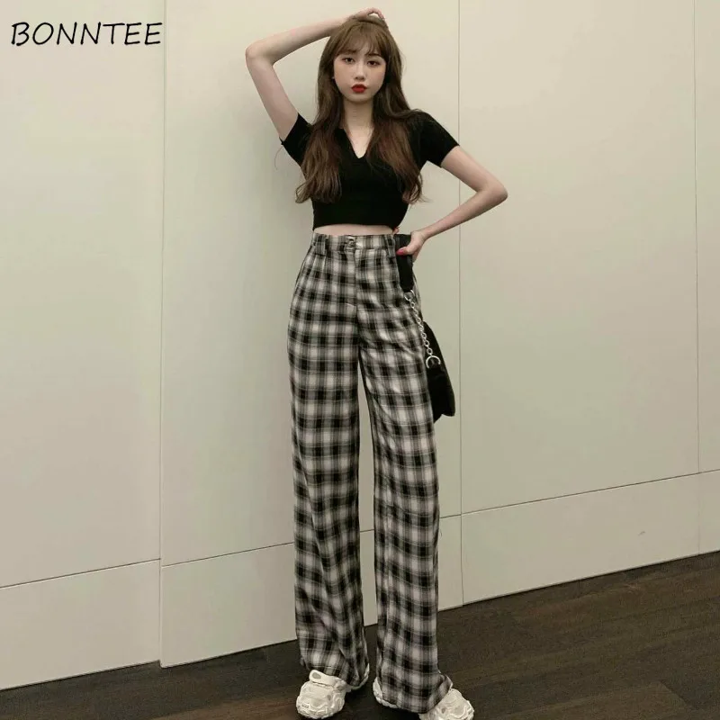 

Sets Women Plaid Mopping Trouser Crop Top Short Sleeve 2 Pieces Autumn Ulzzang Leisure Chic Ins High Waist Sexy Lady Street New