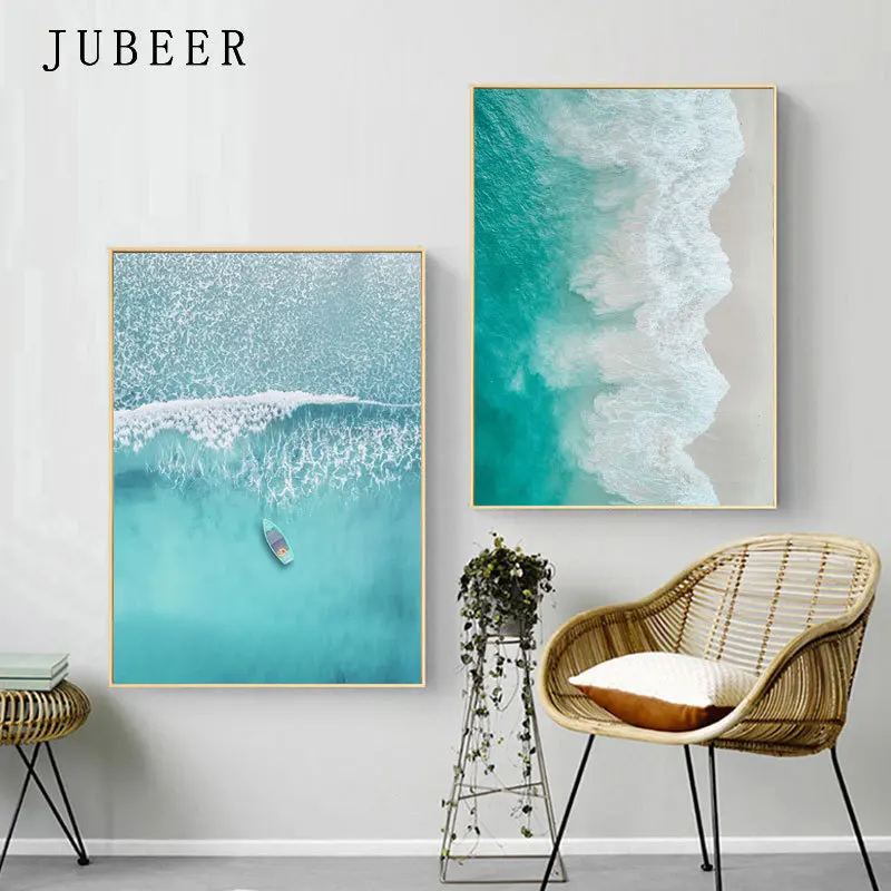 Boat Ocean Waves Overhead Picture Nature Scandinavian Poster Nordic Decoration Sandy Beach Bus Print Wall Art Canvas Painting