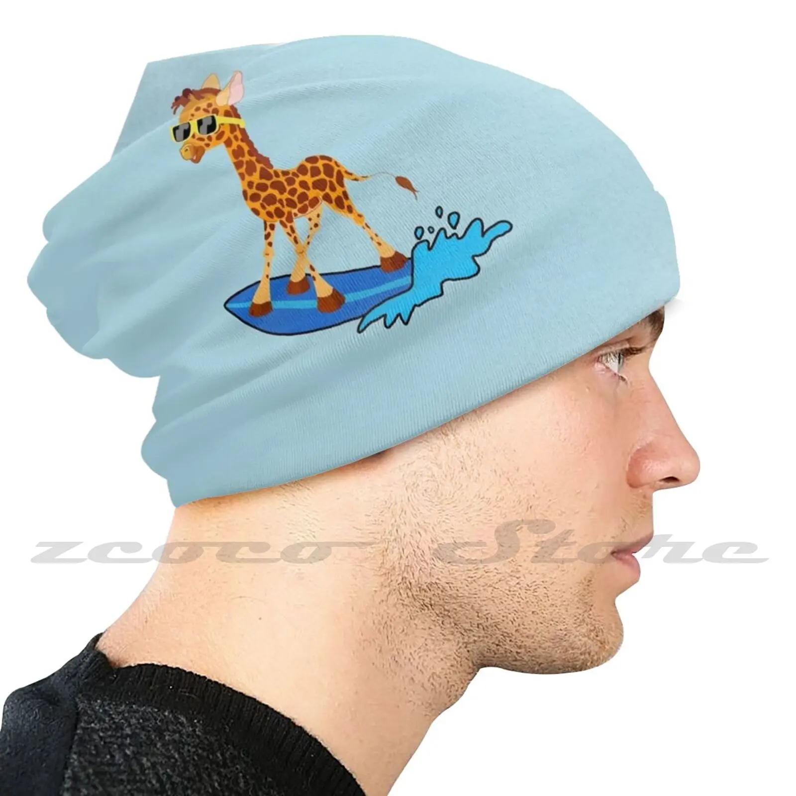 Surfer Giraffe Knit Hat Elastic Soft Personalized Pattern Present Cap Surfing Giraffe Silly Sunglasses Water Ocean Lake Surf