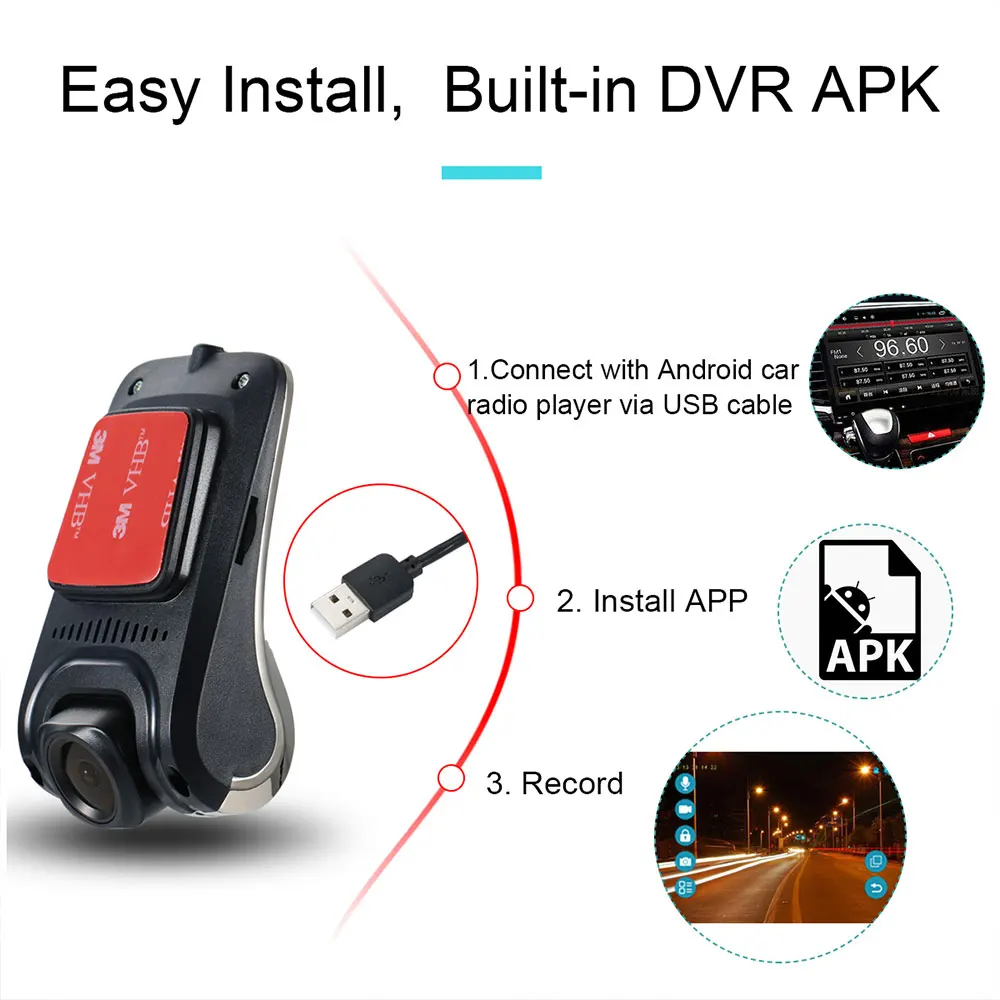 USB Car DVR For Android Car Radio Player HD 720P 140 Degree Wide Angle Car Front Camera Video Recorder Dash Camera With ADAS