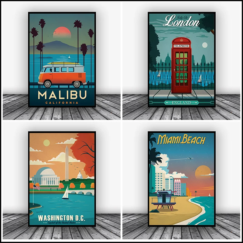 Wall Art Canvas Painting Travel Poster Hd Prints London Malibu Miami Pictures Home Decor City Vintage Landscape Image Picture