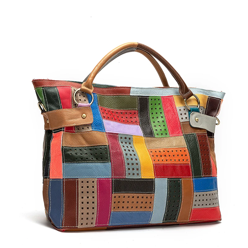 New Multi-Color Soft Natural Leather Luxury Ladies Patchwork Large Shopper Handbag Shoulder bag Women Design Female Tote bag 355