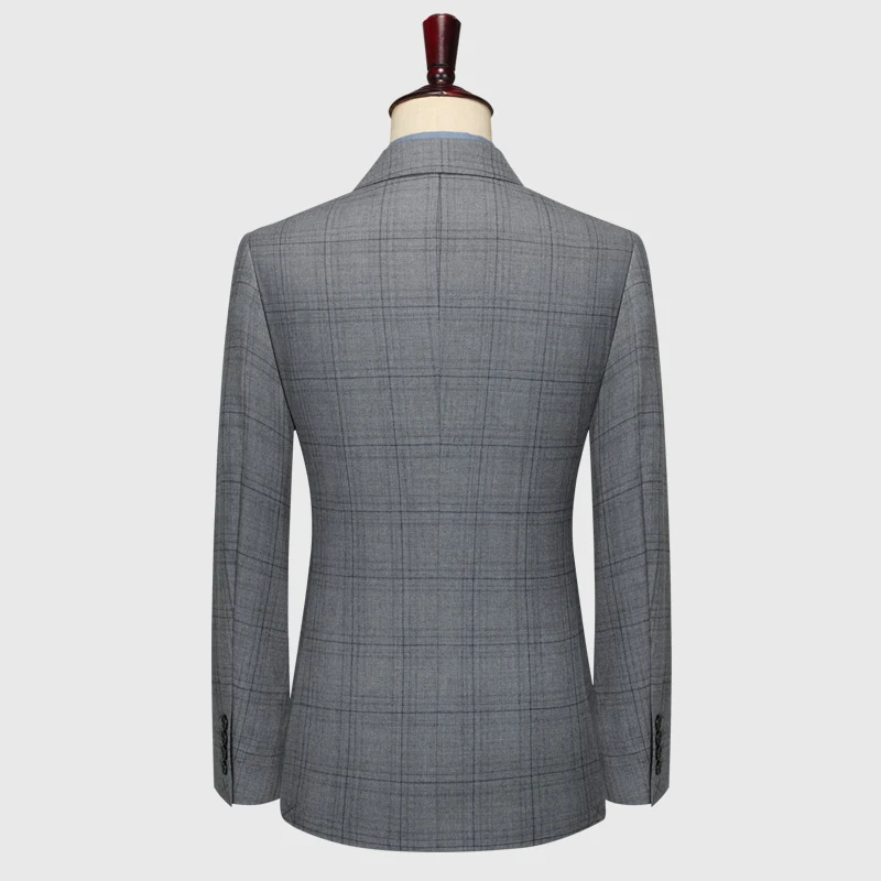 100% Wool Double Breasted Men Suits Set Blazer + Pant Grey Plaid Slim Style For Business Man Daily Wear Plus Size 58