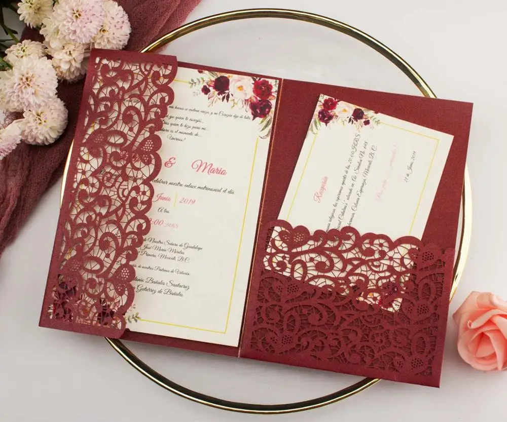 1pcs Burgundy Navy Blue Rose Gold Vine Vantage Tri-fold Shinny Glitter Paper Laser Cut Pocket Wedding Invitation Cards Envelope