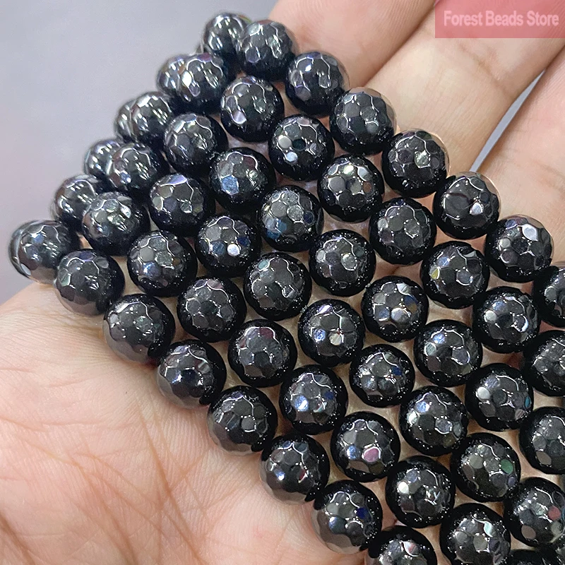 Natural Agates Beads Faceted Football Shape Black Agates Round Beads for Jewelry Making Diy Bracelets 15'' Inch 4/6/8/10/12mm