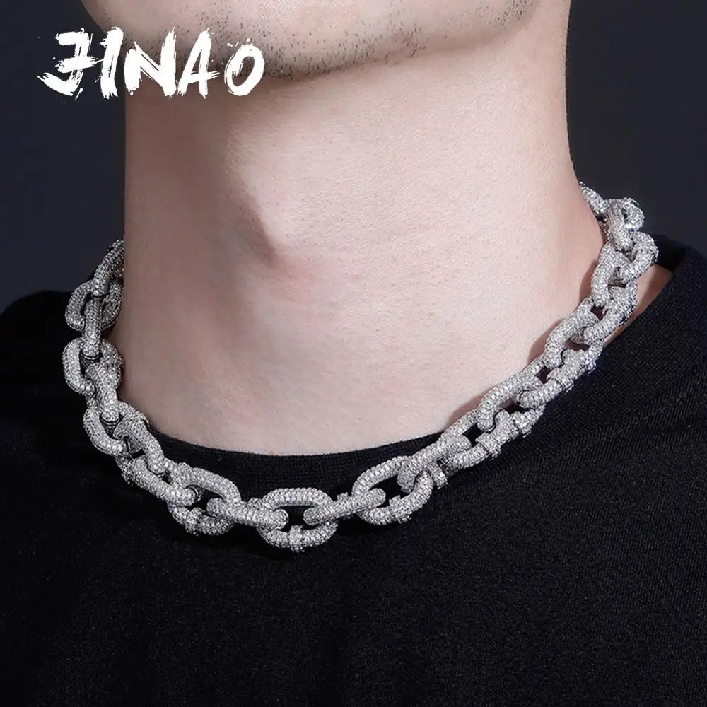 

JINAO 17mm Miami Cuban Chain Necklace With Iced Out Carabiner Clip Chain Micro Pave Cubic Zirconia Hip Hop Jewelry For Gift