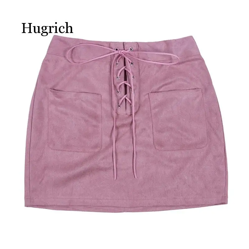 Women High Waist Summer Pencil Mini Bodycon Sexy Suede Lace Up Party Skirt Clubwear Vintage Slim Ladies Skirts