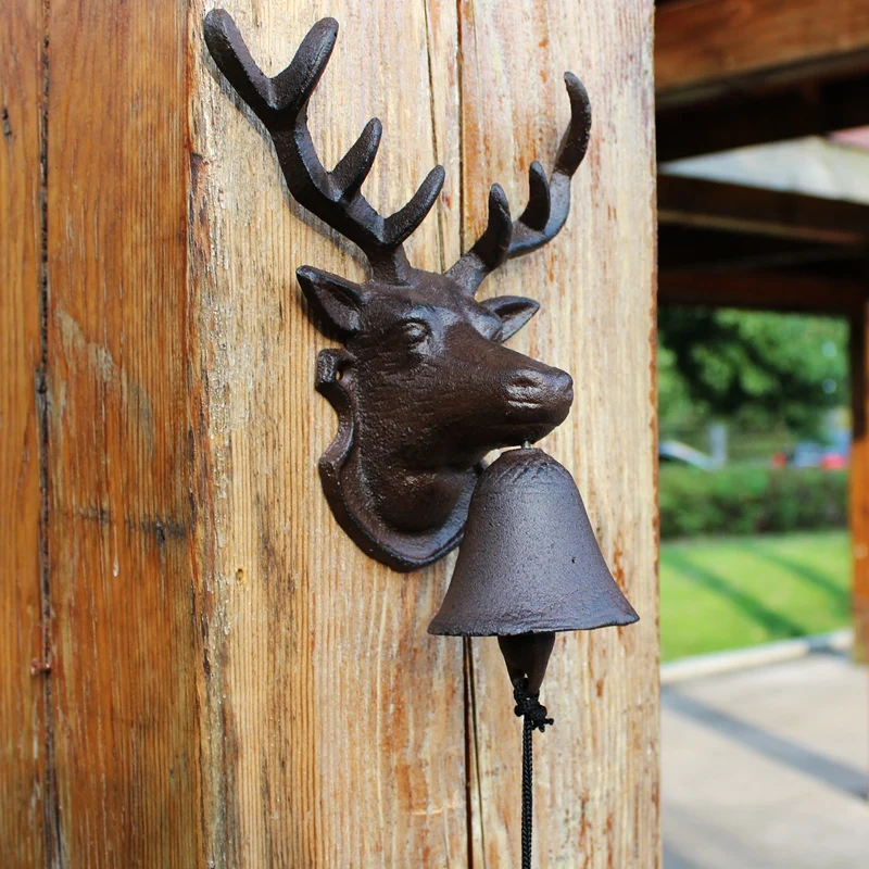 Reindeer Head Cast Iron Hand Cranking Wall Bell American Country Farmhouse Garden Decor Rustic Wall Mounted Welcome Door Bell