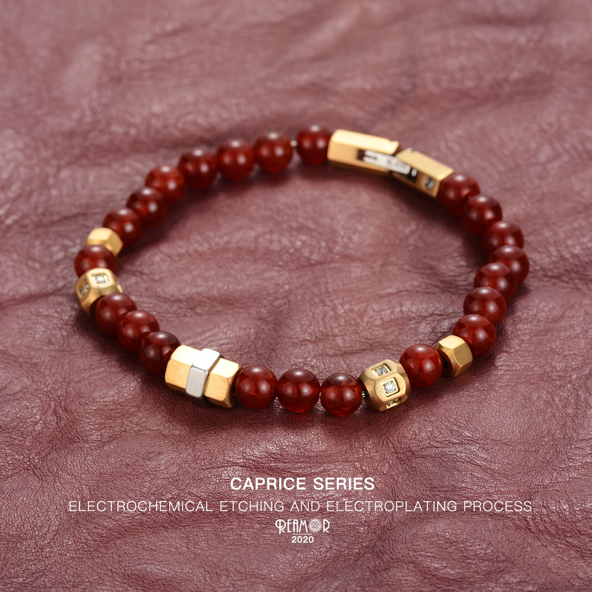 REAMOR White Zircon Golden CNC Beads Stainless steel Chain Bracelet Detachable Striped Carnelian Stone DIY Bracelet Men Women