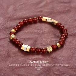 REAMOR White Zircon Golden CNC Beads Stainless steel Chain Bracelet Detachable Striped Carnelian Stone DIY Bracelet Men Women
