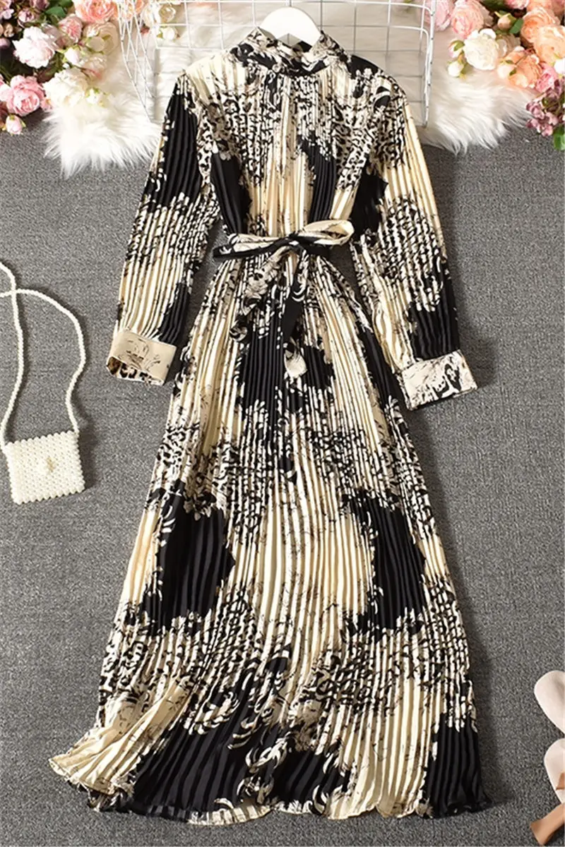 Vintage Long Dress Popular Full Sleeve 2023 Spring Onesize Loose A-Line Printed Leopard Pleated Women Dress Elegant Robe y1470